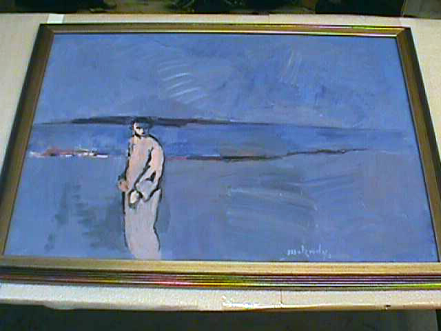 Moshe Mokady painting of a lone figure beside the blue Sea of Galilee