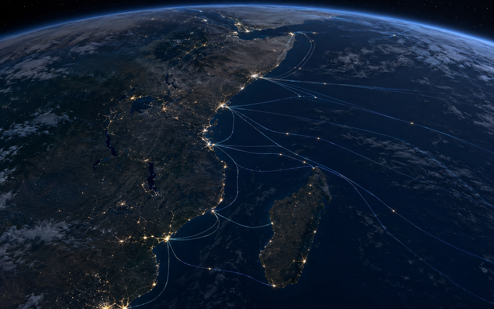 Satellite view of East Africa and Indian Ocean cable routes for the Cairo Summit report
