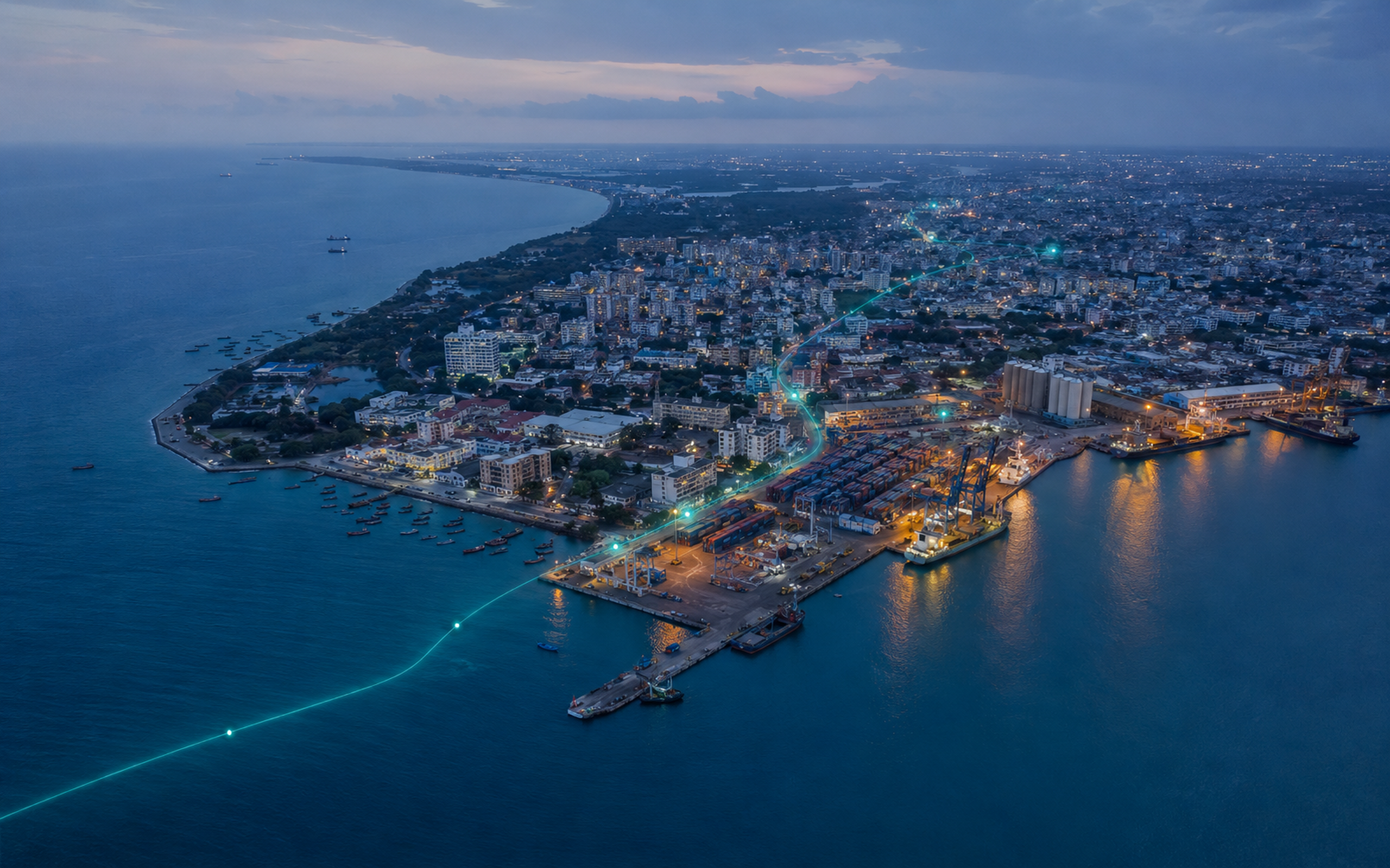 Aerial view of Mombasa’s coast and port with a restrained digital fiber route