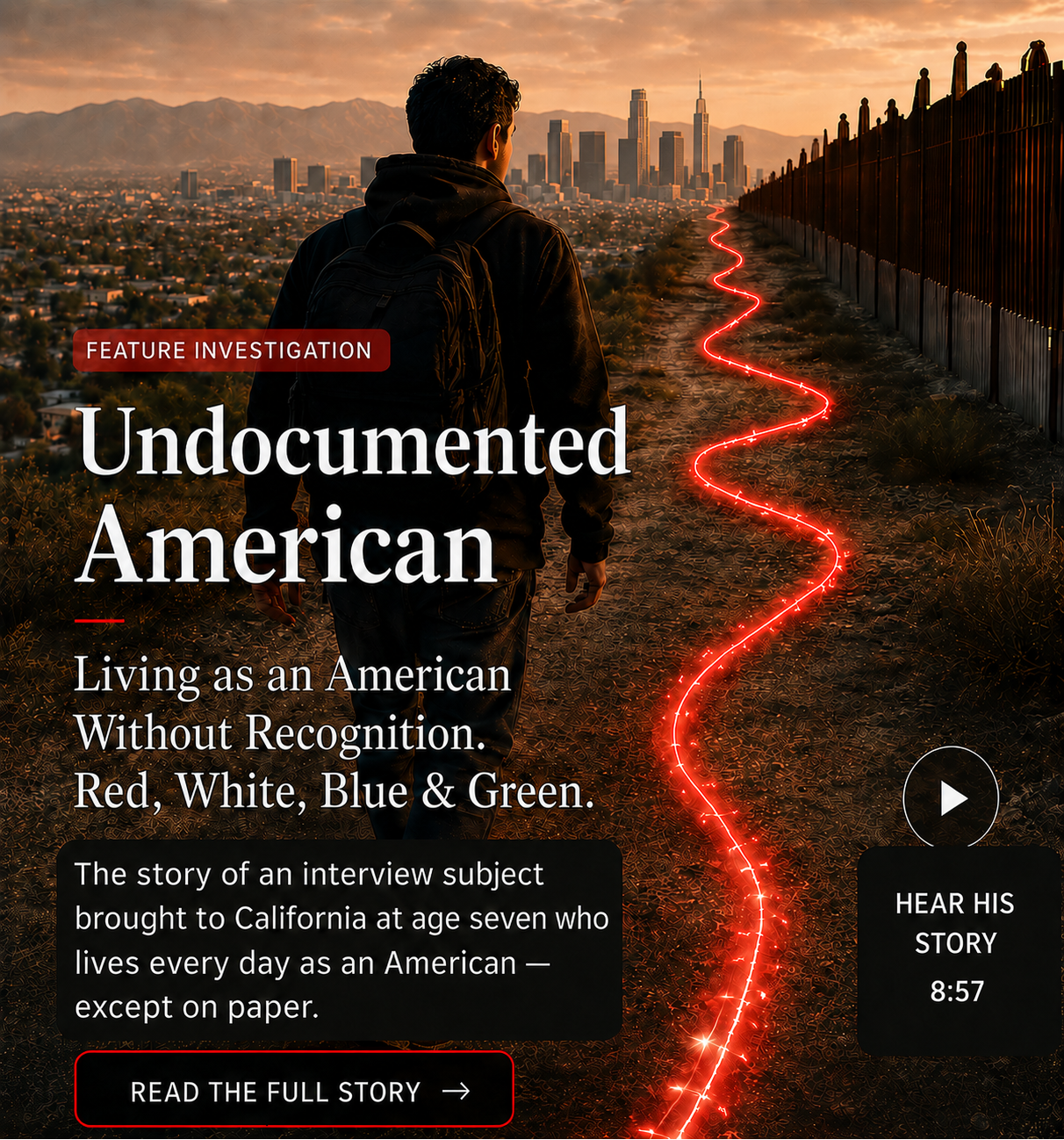 Undocumented American feature artwork showing an anonymous interview subject walking toward Los Angeles beside a border fence
