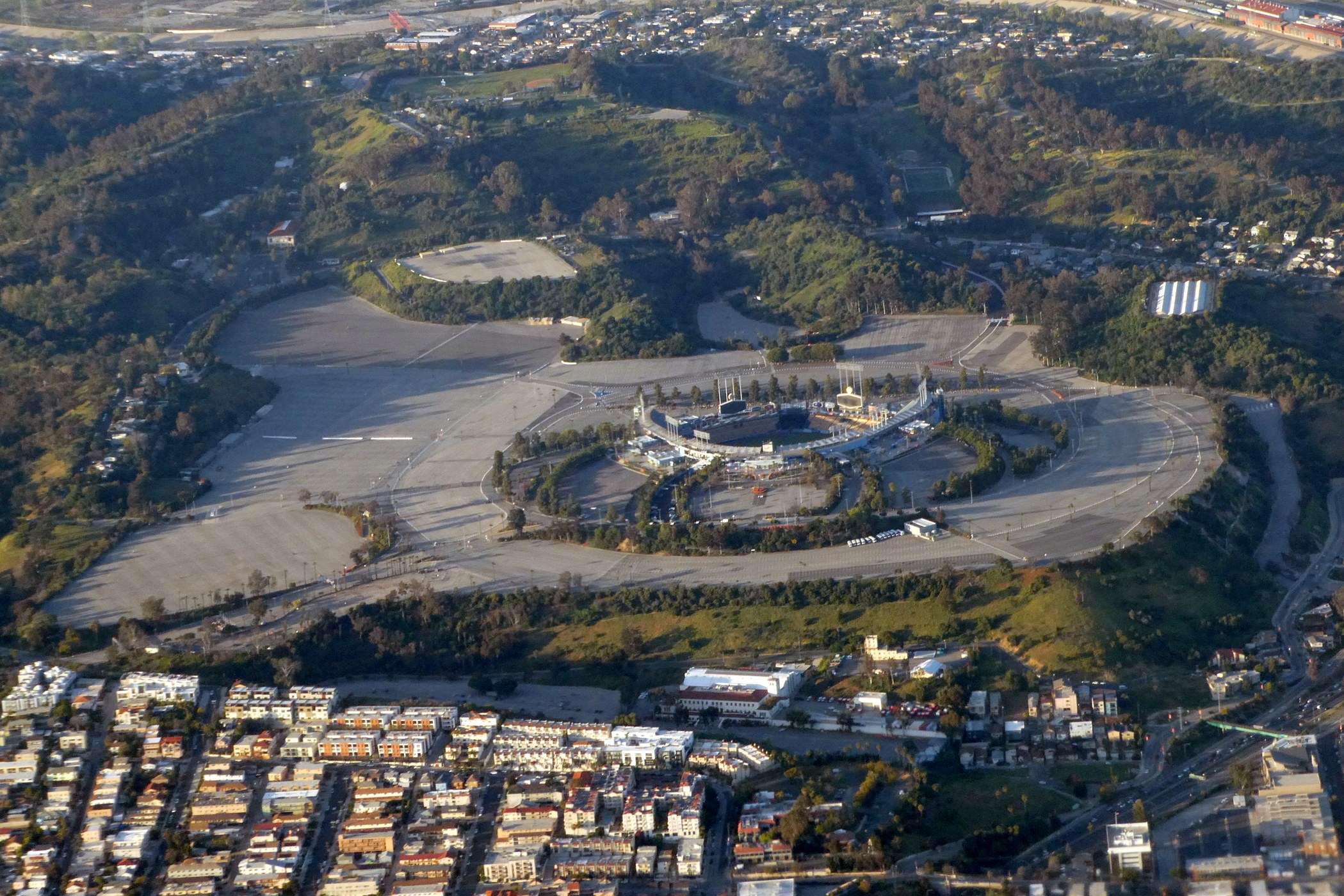 Aerial view of Dodger Stadium for the Rounding 3rd interactive feature