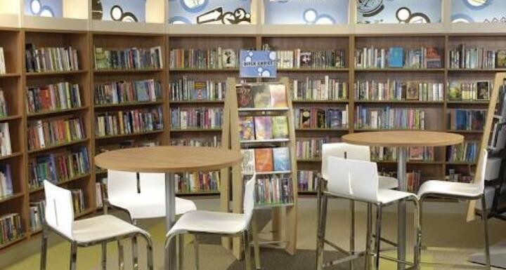Shelves and tables inside a school library