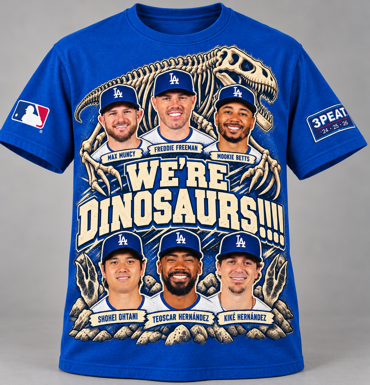 Dodger Blue We’re Dinosaurs shirt, front view